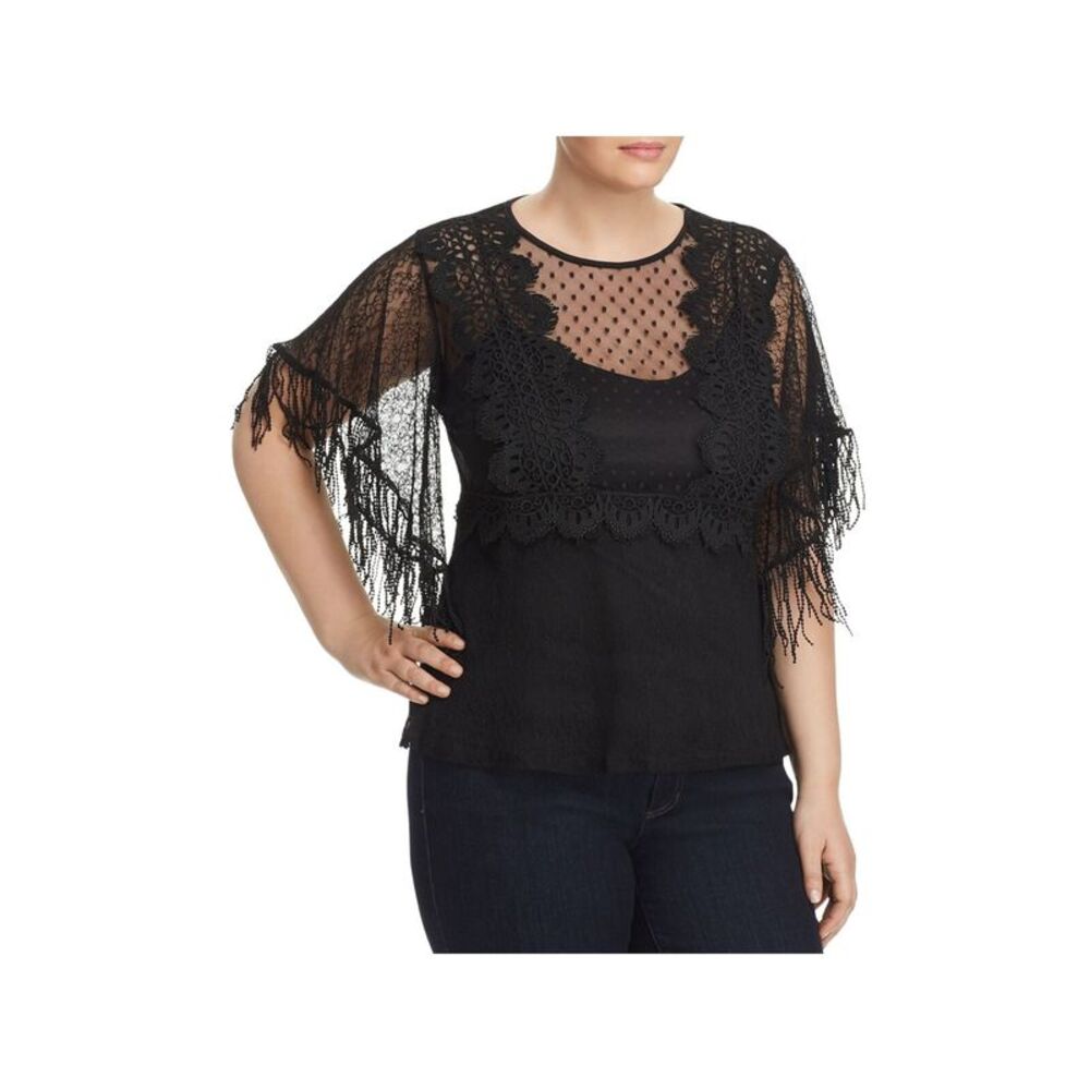 LOST INK Womens Mesh Lace Clip Dot Sheer Elbow Sleeve Crew Neck Evening Top